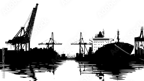 Maritime vessels docked at the port, with surrounding containers and cranes in the operational zone, vector illustration art