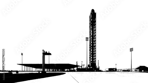 Main launch pad at a spaceport with support structures, control tower, fueling area, and infrastructure, vector illustration art