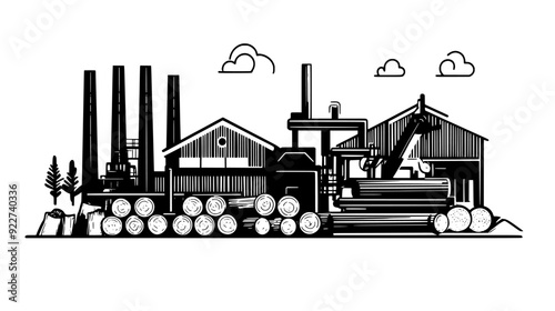 Logging facility with sawmills, log piles, and large machinery for processing timber, vector illustration art