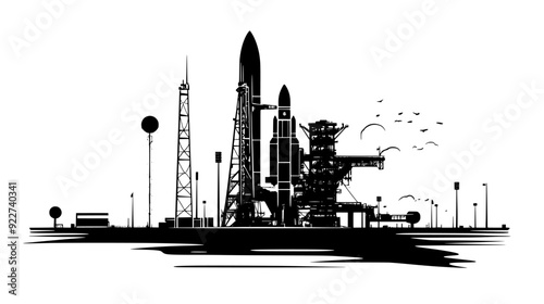 Main launch pad at a spaceport with support structures, control tower, fueling area, and infrastructure, vector illustration art