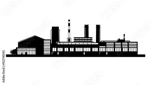 Manufacturing plant with assembly lines visible through large windows and a series of auxiliary buildings, vector illustration art