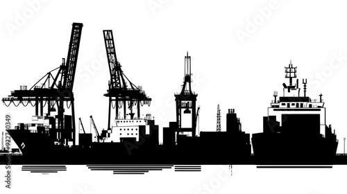 Maritime vessels docked at the port, with surrounding containers and cranes in the operational zone, vector illustration art