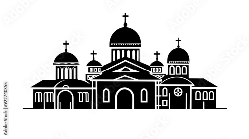 Monastery complex with a series of interconnected buildings, courtyards, and a central place of worship, vector illustration art