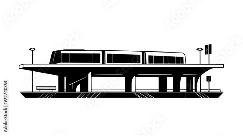 Monorail station featuring elevated tracks, concrete platform, structural beams, and route information signage, vector illustration art