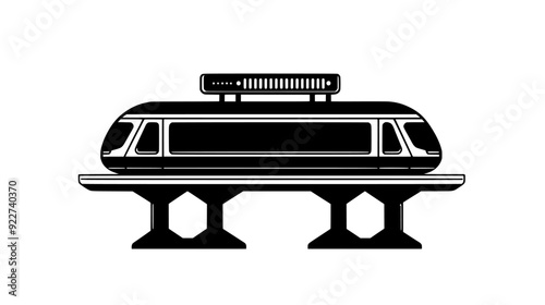 Monorail station with a platform, overhead track, structural supports, and an electronic display for arrivals, vector illustration art