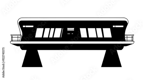 Monorail station with raised platform, structural beams, track, digital display, and safety railings on the sides, vector illustration art