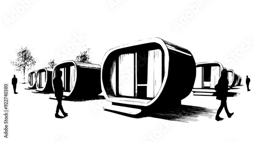 Moveable wooden pods forming a temporary village with shared spaces, vector illustration art