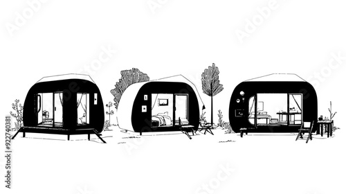 Moveable wooden pods forming a temporary village with shared spaces, vector illustration art