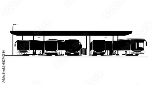 Multiple buses parked in designated bays at a bus terminal, vector illustration art