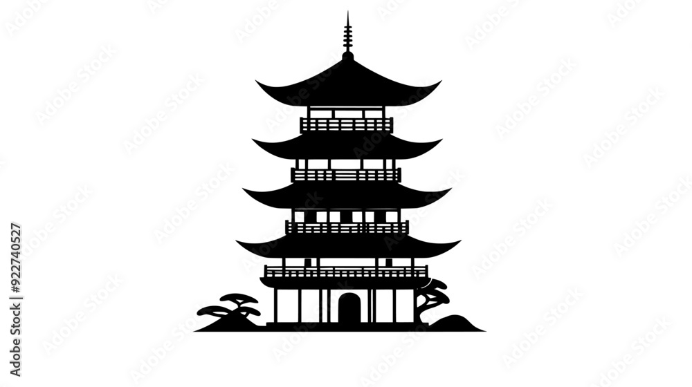 Pagoda with multiple eaves, upward-curving corners, and a symmetrical, tiered structure, vector illustration art Pagoda with multiple eaves, upward-curving corners, and a symmetrical, tiered structure, vector illustration art