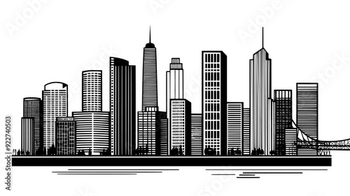 Row of skyscrapers near a waterfront, with a bridge visible and various urban buildings nearby, vector illustration art