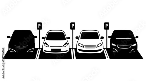 Rental cars aligned neatly in a car rental center, showing clear lot markers and signage, vector illustration art
