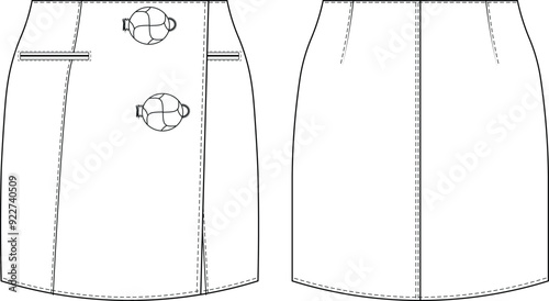 buttoned darted with welt pocket fit pencil body con a line mini short skirt template technical drawing flat sketch cad mockup fashion woman design style model
