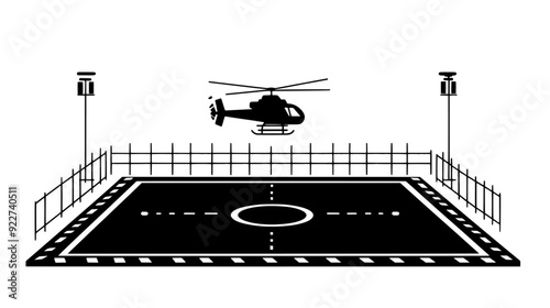 Rooftop helipad with marked landing area, safety barriers, wind sock, and lighting equipment for visibility, vector illustration art