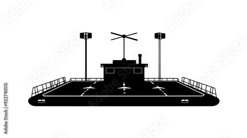 Rooftop helipad featuring a marked landing zone, safety barriers, wind sock, and lighting equipment, vector illustration art