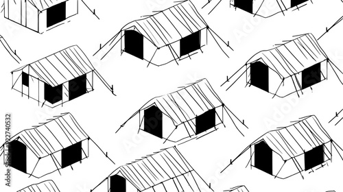 Interconnected tents with reinforced frames and modular components in a systematic grid, vector illustration art