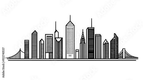 Row of skyscrapers near a waterfront, with a bridge visible and various urban buildings nearby, vector illustration art
