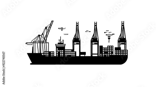 Shipping containers aligned neatly at the port, with docked ships and loading cranes in proximity, vector illustration art