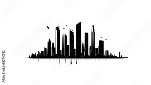 Skyline dominated by sleek, tall skyscrapers, a riverfront, and visible city infrastructure, vector illustration art