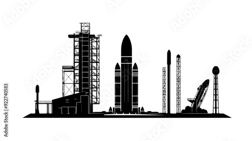 Spaceport featuring a large launch pad, supporting infrastructure, control building, and rocket assembly area, vector illustration art