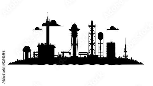 Spaceport with a launch pad, control tower, fueling station, and support structures on an open field, vector illustration art