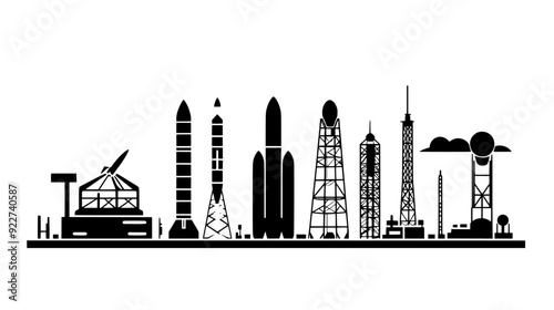Spaceport featuring a main launch pad, control tower, rocket assembly area, and fueling infrastructure, vector illustration art
