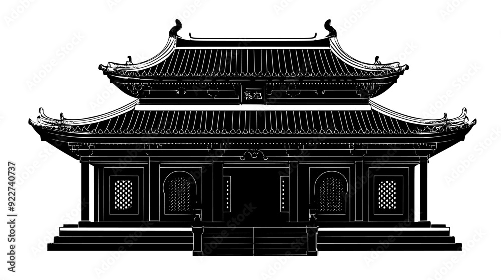Temple with a tiered roof, ornamental carvings, and an entrance flanked by statues, vector illustration art Temple with a tiered roof, ornamental carvings, and an entrance flanked by statues, vector illustration art