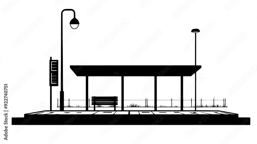 Fototapeta premium Tram stop with rail tracks, platform, small shelter, timetable display, and lighting pole on a sunny day, vector illustration art
