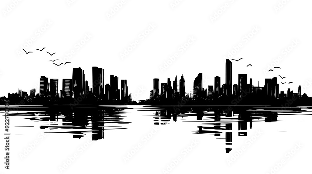 Fototapeta premium Cityscape view with tall buildings, major waterway, and skyline, vector illustration art