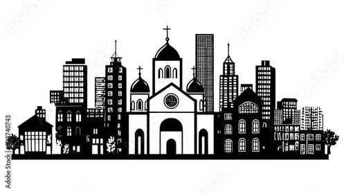 Synagogue with distinctive architecture, set in a cityscape with a mix of old and new buildings, vector illustration art