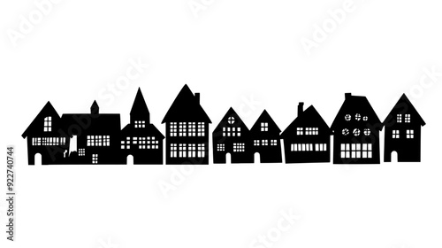 Timber-framed houses with steep roofs, forming a traditional village layout, vector illustration art