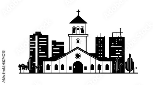 Traditional church with a bell tower, situated in an urban setting with adjacent modern structures, vector illustration art