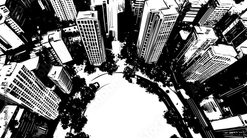 Top-down view of an urban area, revealing a mix of high-rise buildings, streets, and small parks, vector illustration art