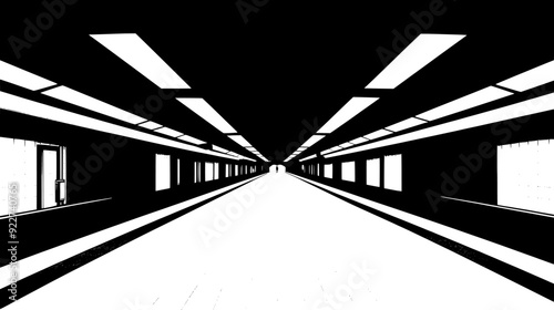 View down the length of an empty train platform with overhead lighting, vector illustration art