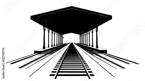 Train tracks leading into a station with platform canopies covering waiting areas, vector illustration art