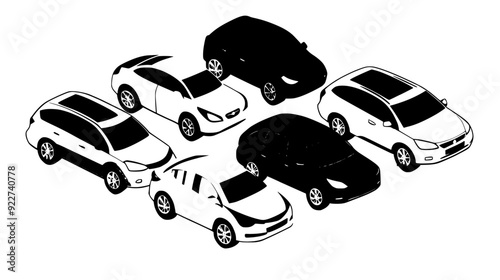 Various rental cars parked in an organized manner at a car rental center, with visible lot divisions, vector illustration art