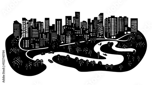 View from above depicting city streets lined with buildings, an expansive park, and a winding river, vector illustration art