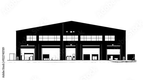 Warehouse complex with multiple large entry doors, loading ramps, and expansive storage areas, vector illustration art