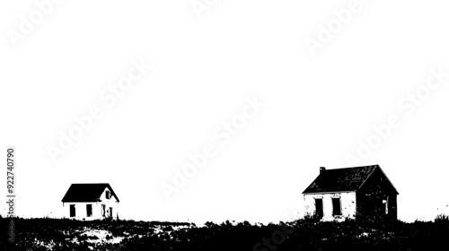 Weathered, empty shells of former homes standing in a forgotten, desolate area, vector illustration art