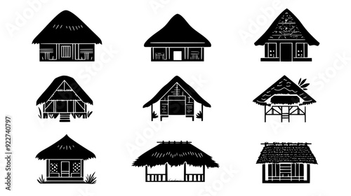 Wood and thatch structures positioned in a grid pattern reflecting indigenous architectural styles, vector illustration art