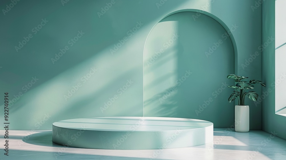 Embrace the Serenity of Minimalism: A Tranquil Teal Podium Surrounded by Modern Design and Nature's Touch in a Bright Space Embrace the Serenity of Minimalism: A Tranquil Teal Podium Surrounded by Modern Design and Nature's Touch in a Bright Space