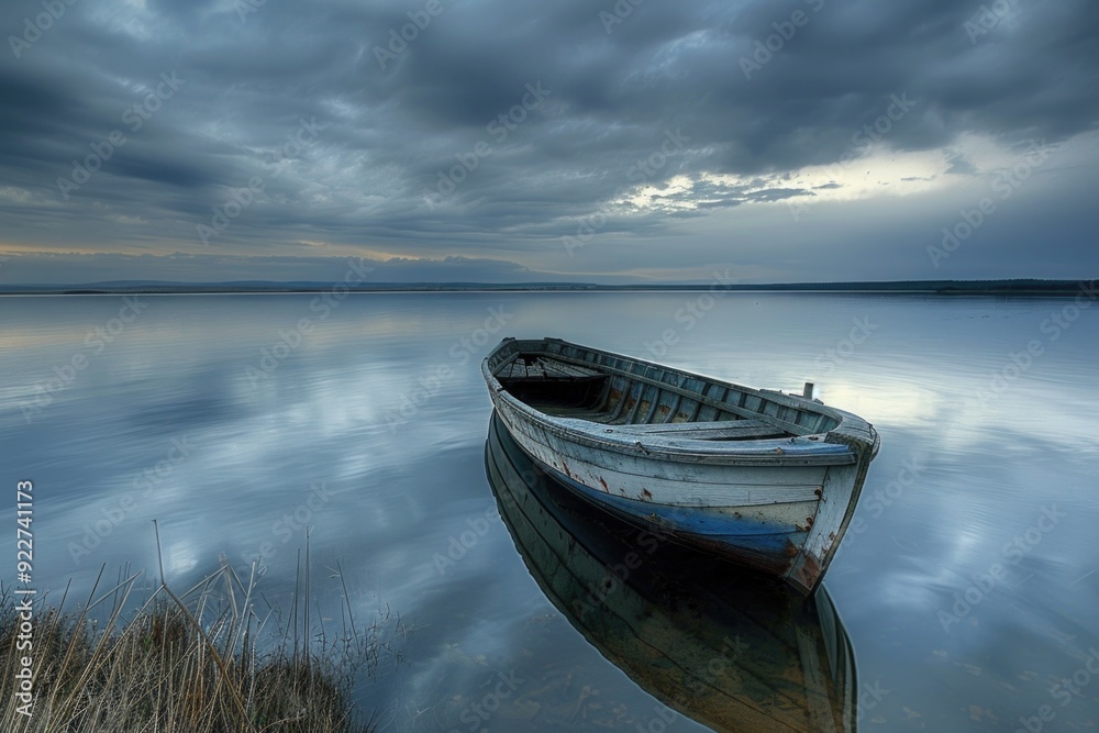 Obraz premium A peaceful scene featuring a boat floating on the surface of a lake, surrounded by clouds in the sky
