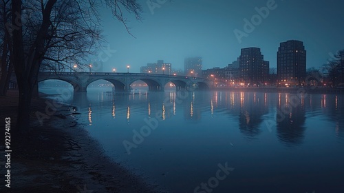 Boston skyline at night, featuring the Charles River and Harvard Bridge. A long exposure shot captures the city's glowing lights reflecting on the water,  urban beauty and iconic architecture photo