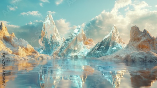 Escapism aesthetic  background. Abandoned crystal mountains and mirrored water lake scene. Sunset soft light. Surrealism atmospheric installation of magic chrome spheres. Loneliness escape feeling. photo