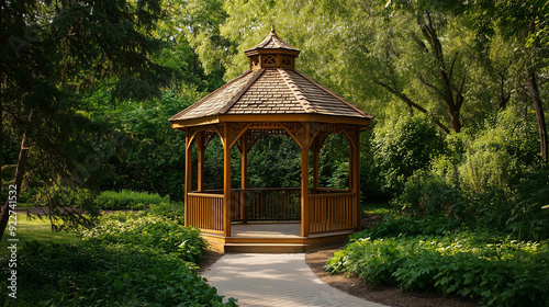 An elegant wooden gazebo situated in a quiet park, surrounded by dense vegetation and green trees, creates a peaceful and pleasant place surrounded by nature.