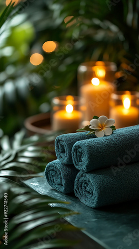 vertical aligned calm wellness mobile advertising banner image, spa massage treatment background with aromatic candles and towel roll near a hotel pool