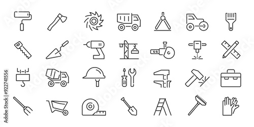 Construction tool icons set. Instrument icons suсh as hammer, drill, shovel, ax, sawset, brush. Vector