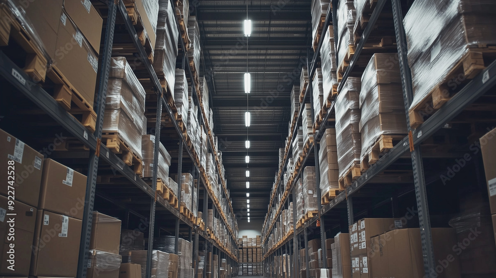 Spacious interior of the warehouse with neatly arranged shelves holding various boxes.