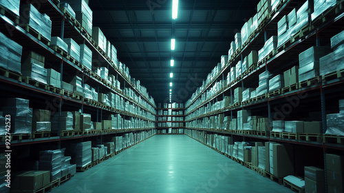 Spacious interior of the warehouse with neatly arranged shelves holding various boxes.