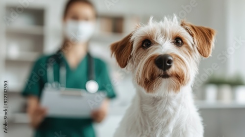 A small dog with white fur and brown ears is seen sitting attentively in a veterinary clinic, with a veterinarian in green scrubs holding a clipboard in the background.